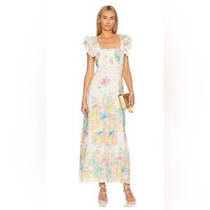 Spell White Floral Maxi Dress with Pastel Pink, Blue & Yellow